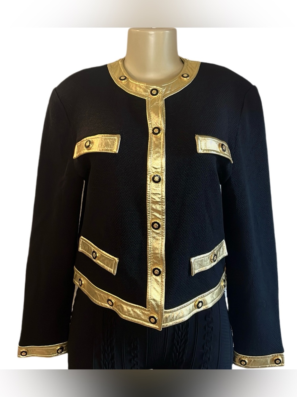 Vintage St. John By Marie Gray Wool Gold Leather Trimmed Cardigan